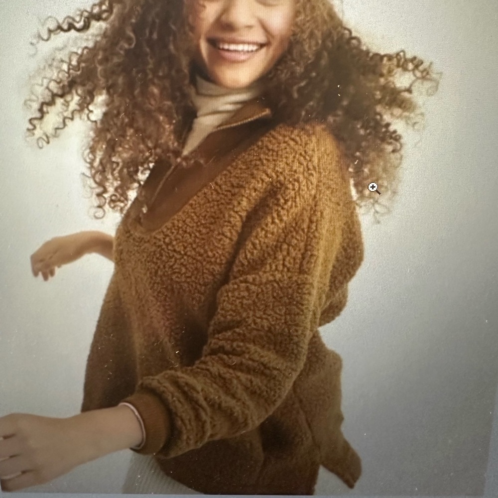 Aerie Dream Sherpa Pullover Women's Quarter Zip Cozy Casual Brown Sweater Large